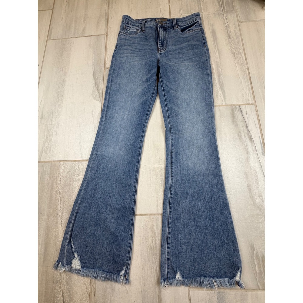 Kut from the Kloth Ana High Rise Flare Jeans‎ Blue Raw Hem Distressed Size 4